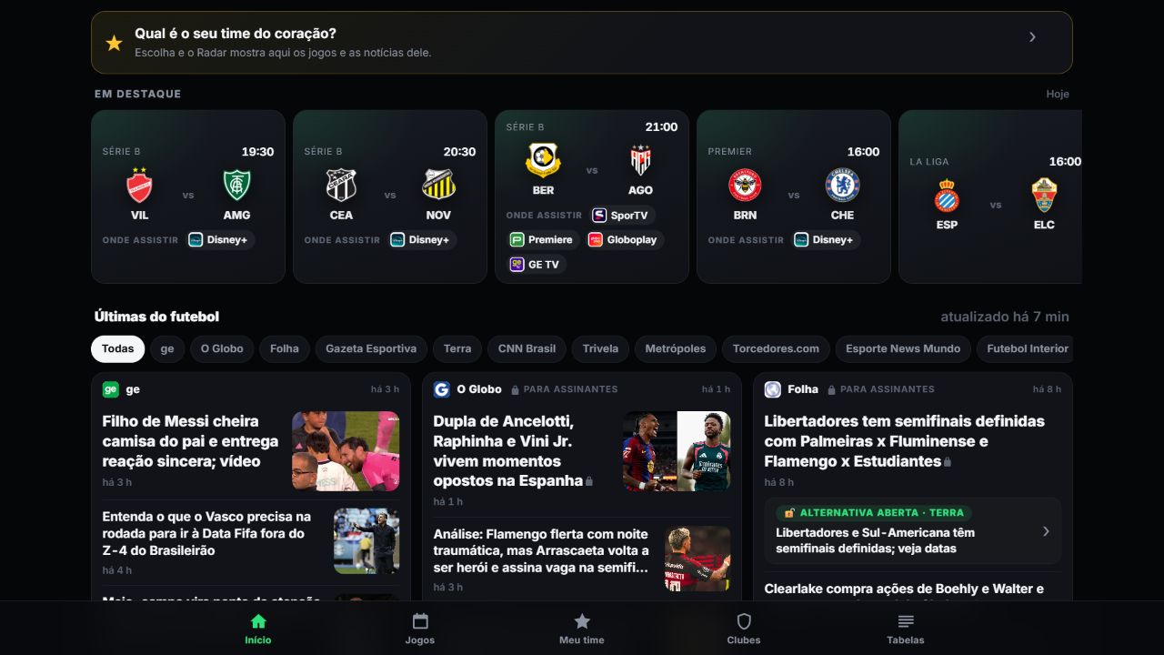 Interface do Futebol Radar com agenda de jogos, onde assistir e notícias do futebol