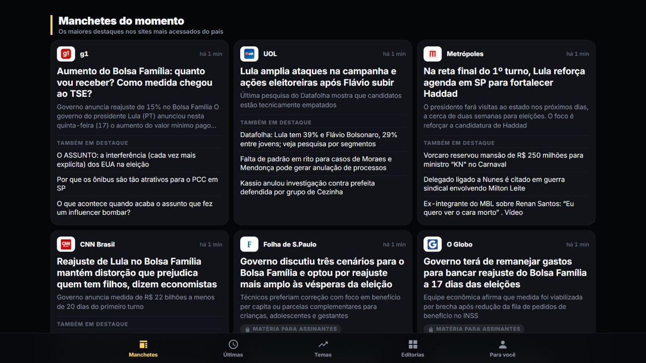 Interface do Radar de Notícias com manchetes e destaques dos principais jornais e portais