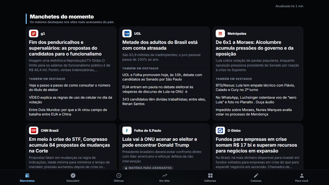 Interface do Radar de Notícias com manchetes e destaques dos principais jornais e portais